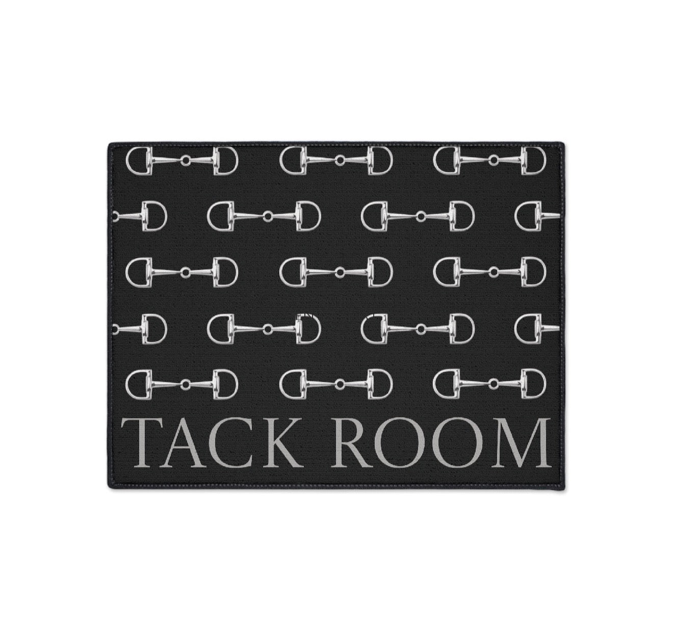 Black rectangular home decor mat with a repeating silver horse-bit motif and TACK ROOM text.