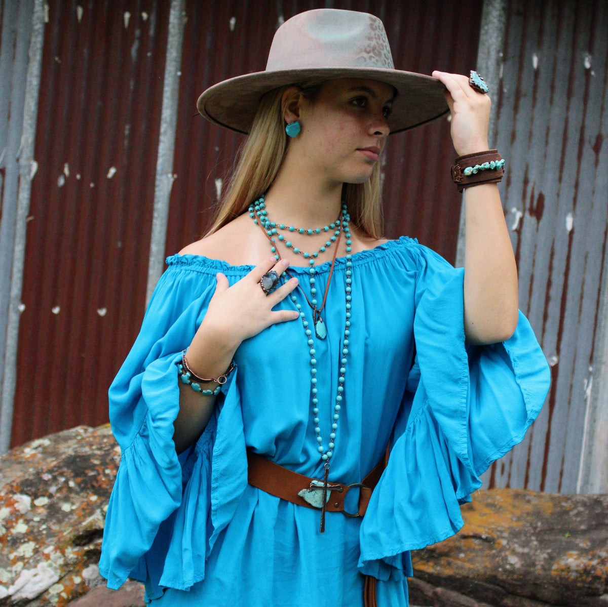 Double Strand Lariat Blue Turquoise Necklace w/ Copper Feather