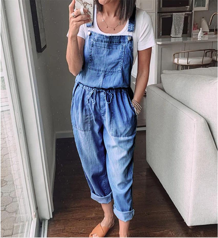 Cowgirl Drawstring Denim Overalls Comfort Fit Mid Waist