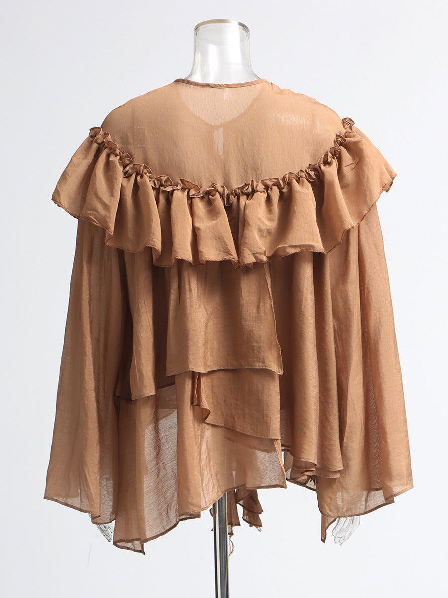 Womens Coffee Lotus Leaf Long Sleeve Ruffle Collar Top
