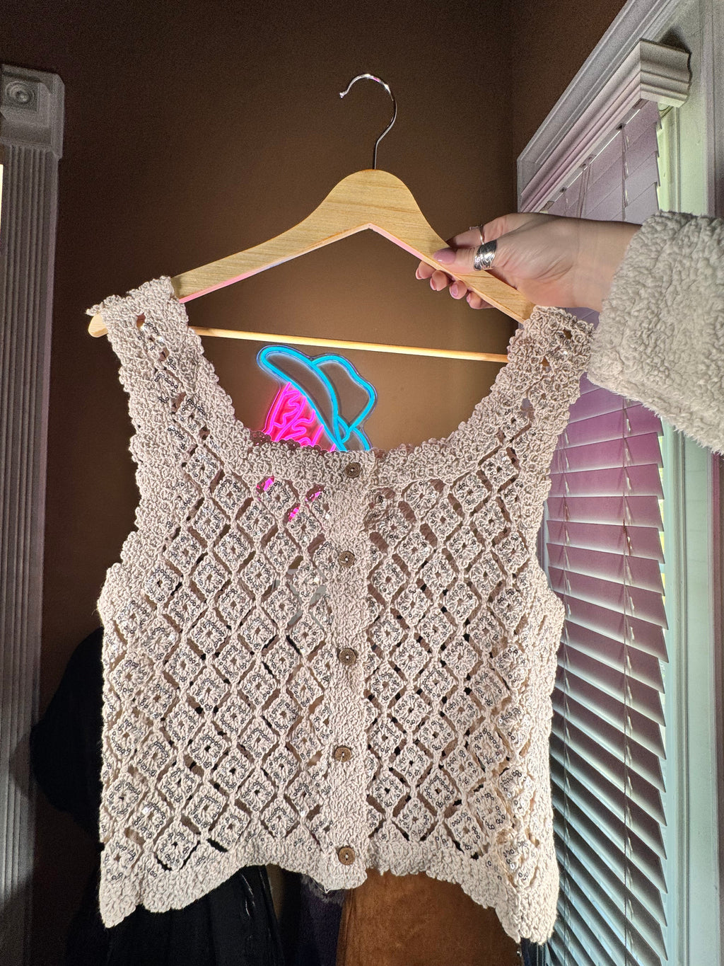 Sequin Diamond Crochet Lace Button-Down Vest Top