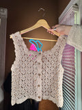 Sequin Diamond Crochet Lace Button-Down Vest Top