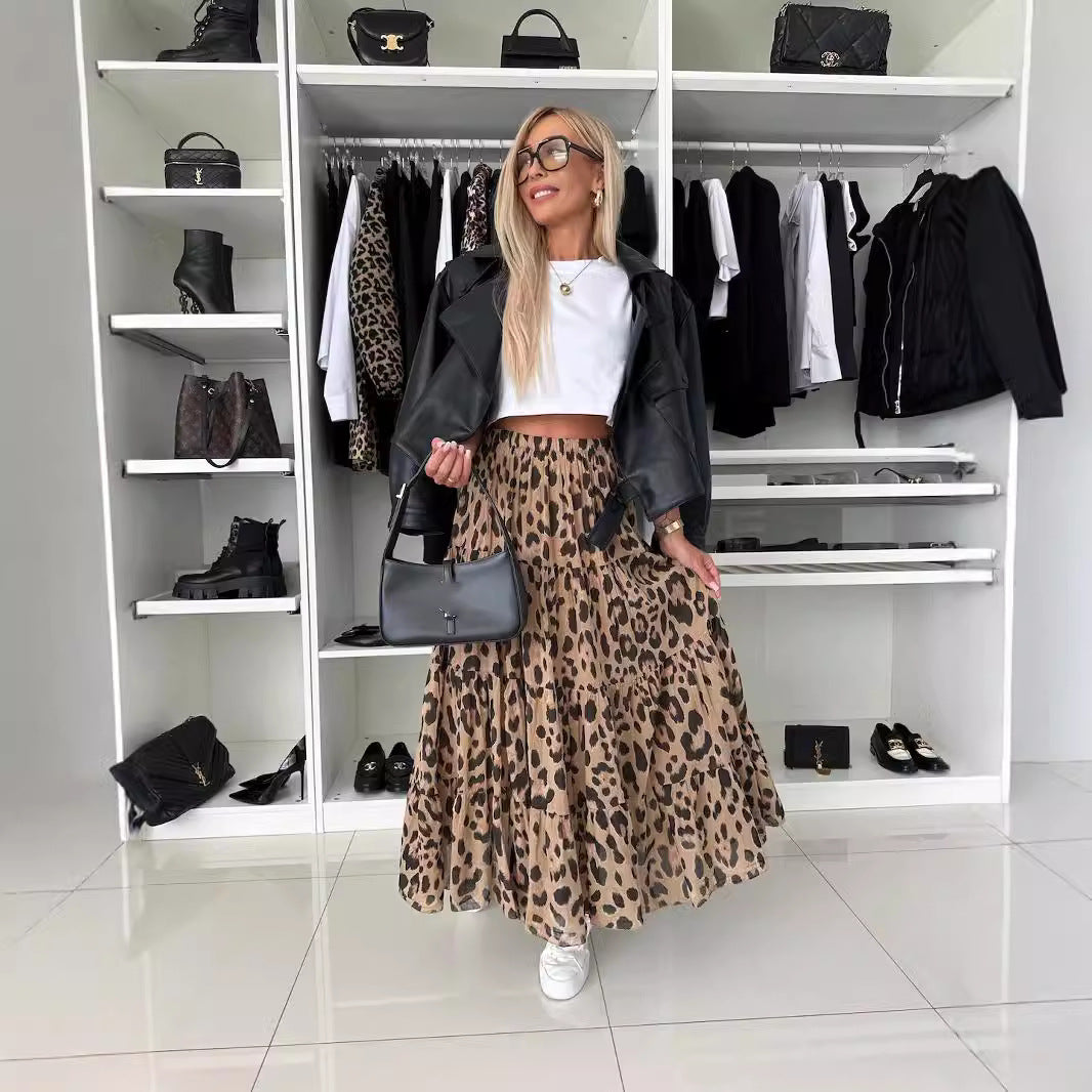 Leopard-print Design Long Flowy Skirt