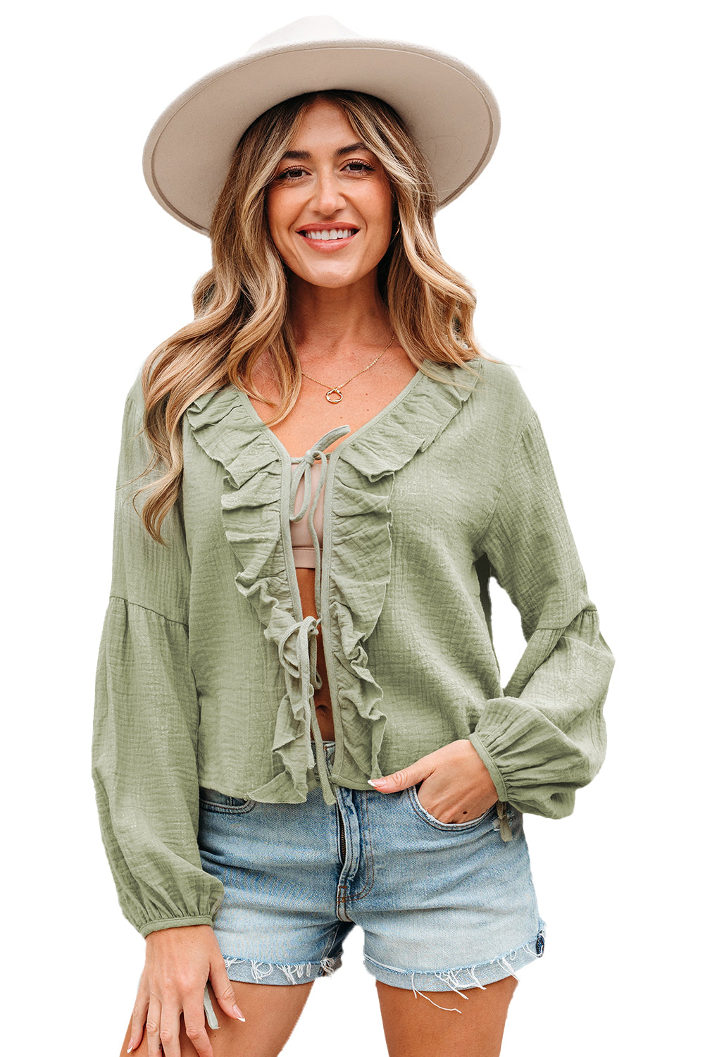 Meadow Mist Green Bow Tie Front Ruffle Trim V Neck Long Sleeve Blouse