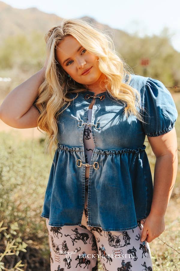 Denim Puff Sleeve Peplum Top with Snaffle Bit Buckle Detail