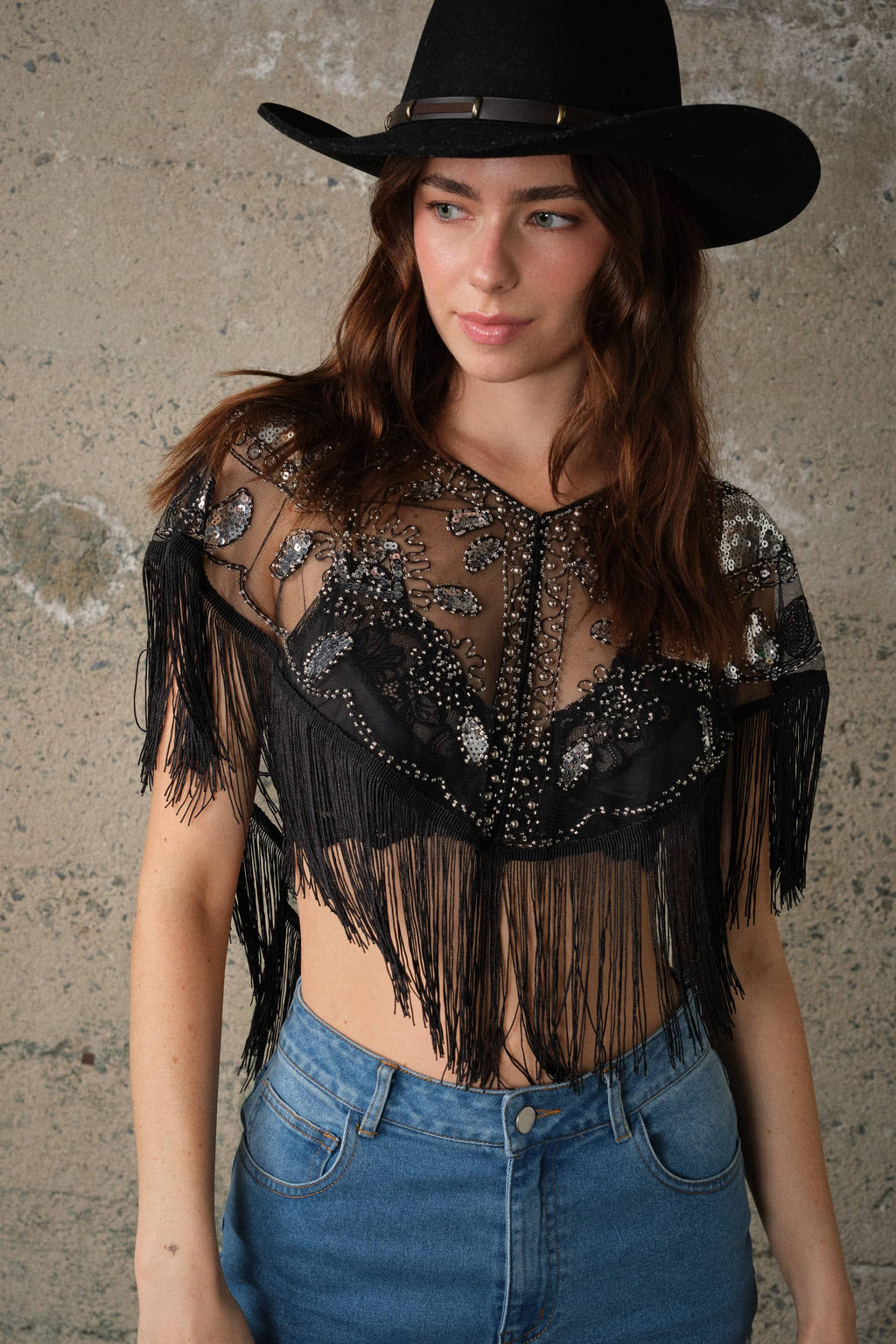 Black Sequin Beaded Fringe Mesh Cape