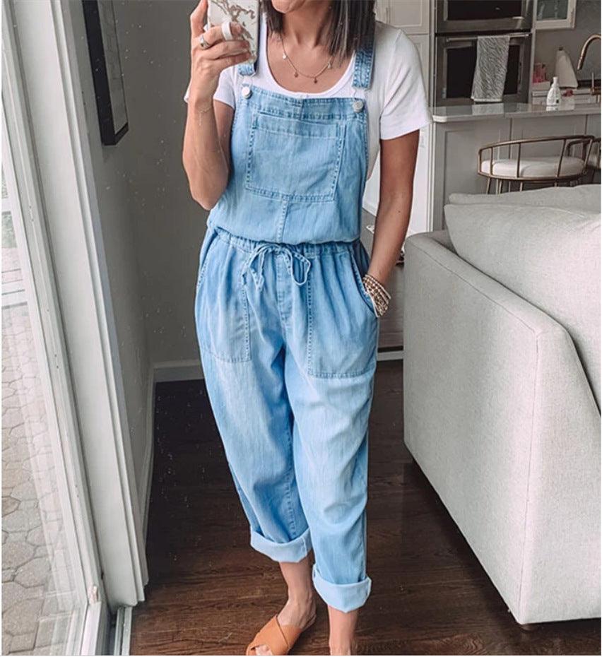 Cowgirl Drawstring Denim Overalls Comfort Fit Mid Waist
