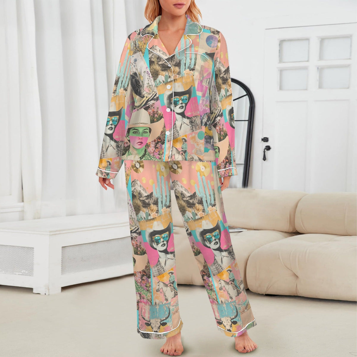Baha Ranch Pop Western Collage Cowgirl Satin Pajamas