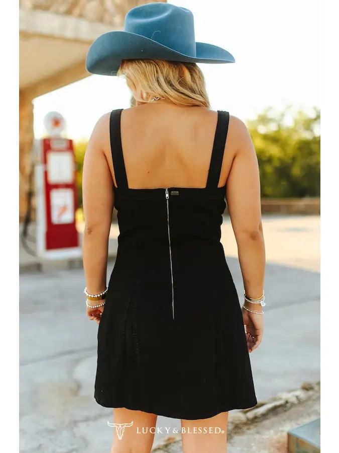 Black Ivory Embroidered Buckle Tank Denim Stretch Dress