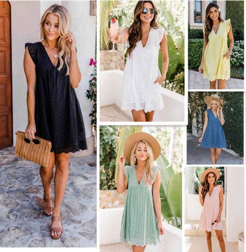 Women's Country Lace Jacquard Hollow V Neck Dress With Pockets Model 01