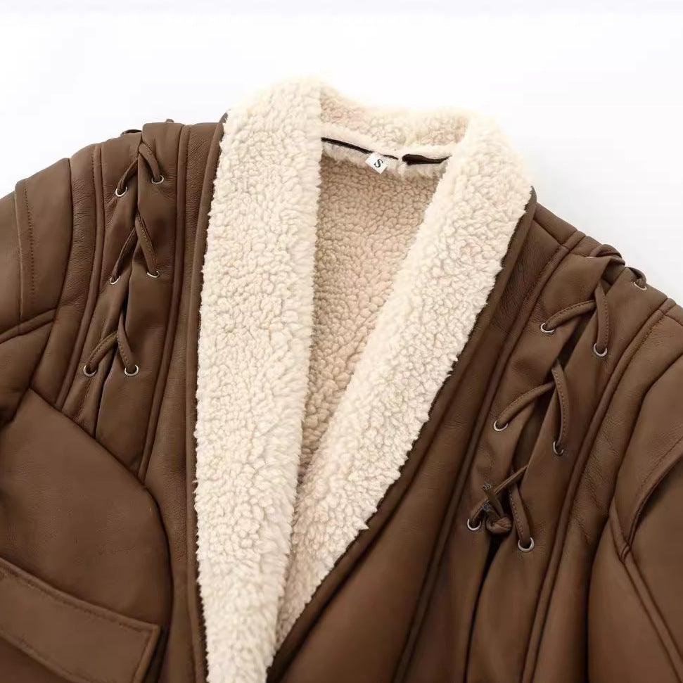 Chic French Waist Suede Jacket Outerwear Lace Closure