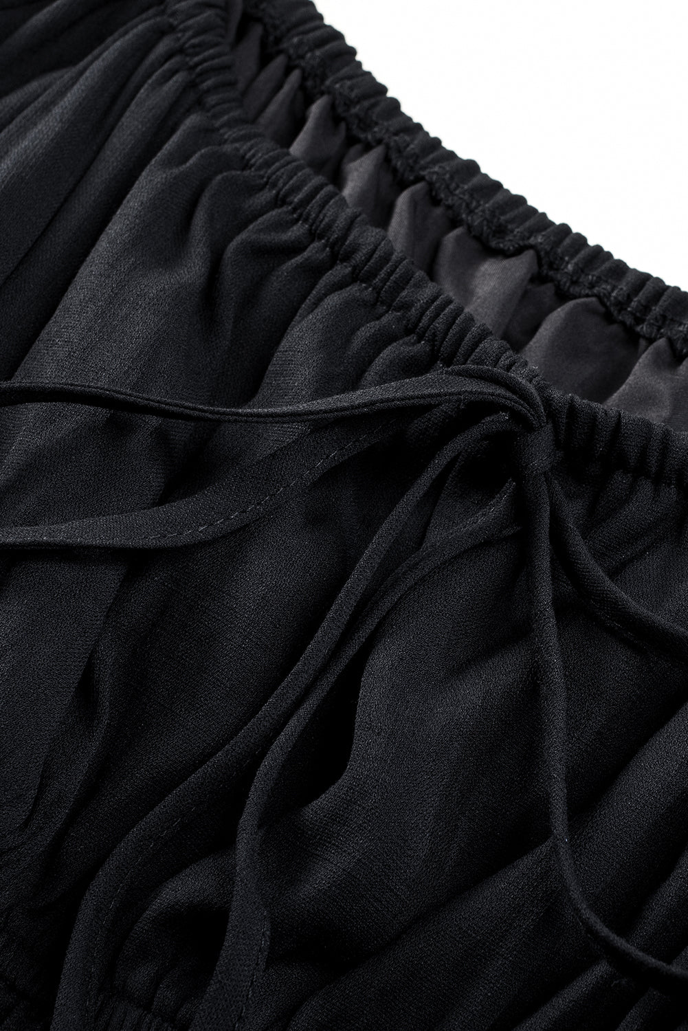 Black Solid Color Long Sleeve Shirred Drawstring Ruffle Mini Dress