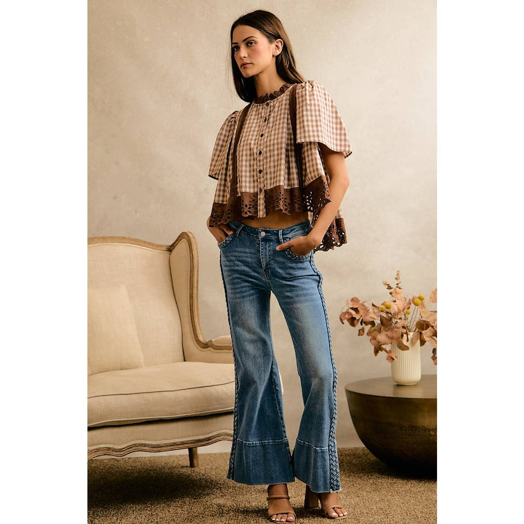 CHECK LACE TRIM FLUTTER SLEEVES BLOUSE TOP