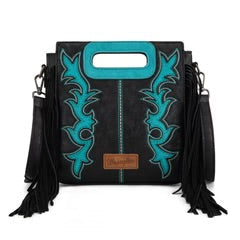 Wrangler Top Handle Boot Scroll Fringe Tote/Crossbody -Black