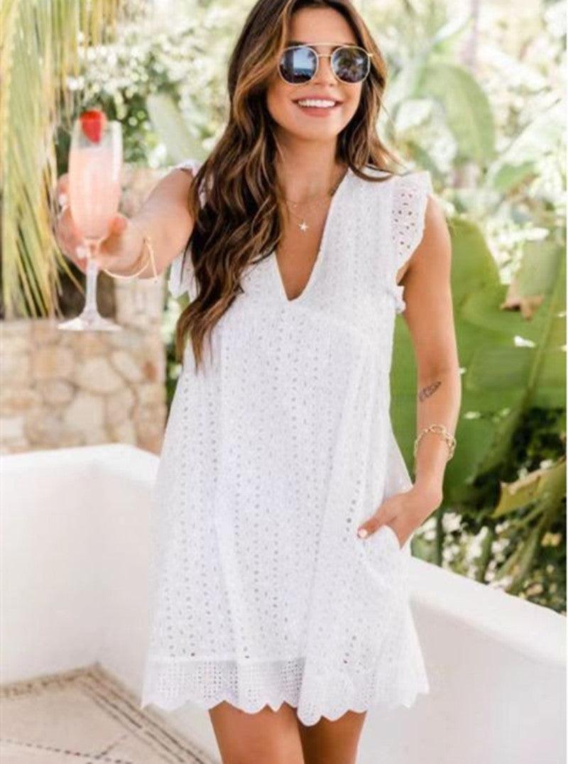 Women's Country Lace Jacquard Hollow V Neck Dress With Pockets Model 01