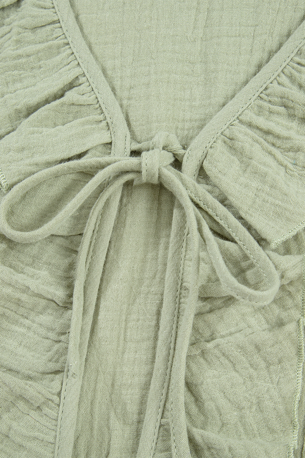 Meadow Mist Green Bow Tie Front Ruffle Trim V Neck Long Sleeve Blouse