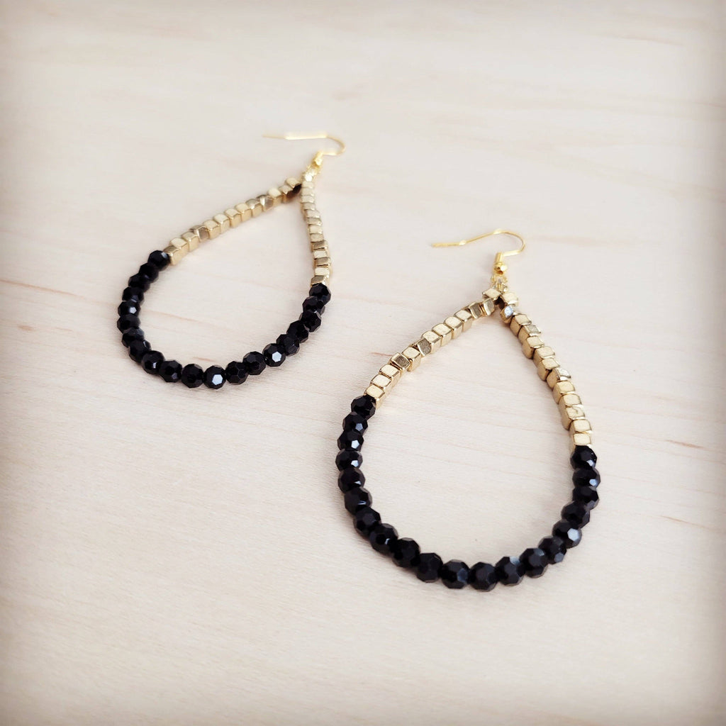 Black Onyx & Gilded Teardrop Hoop Earrings