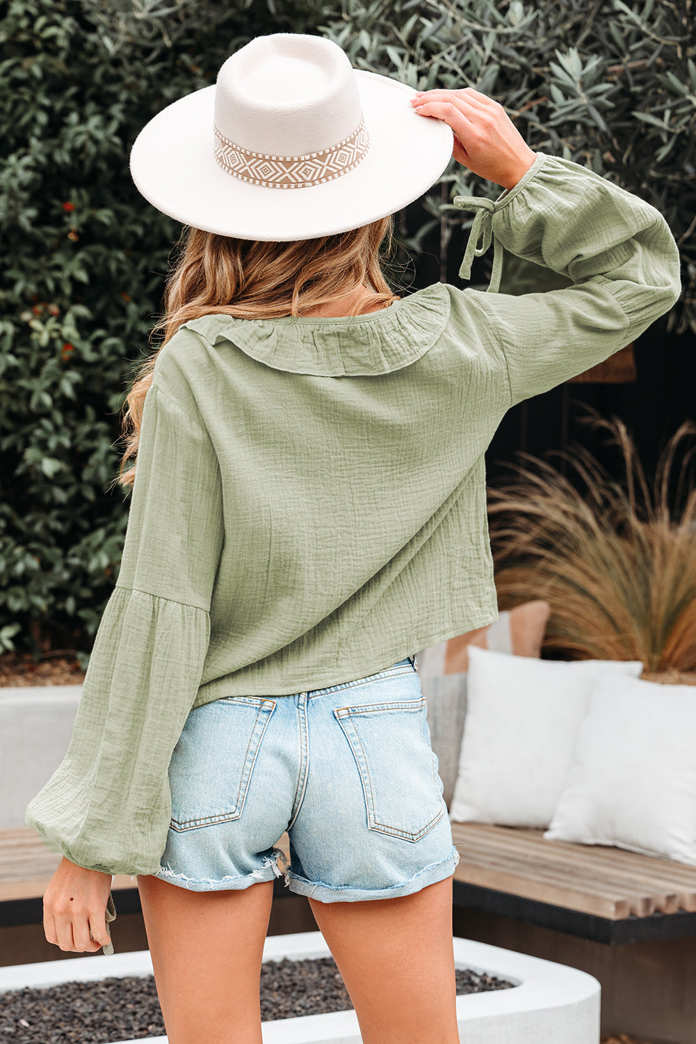 Meadow Mist Green Bow Tie Front Ruffle Trim V Neck Long Sleeve Blouse