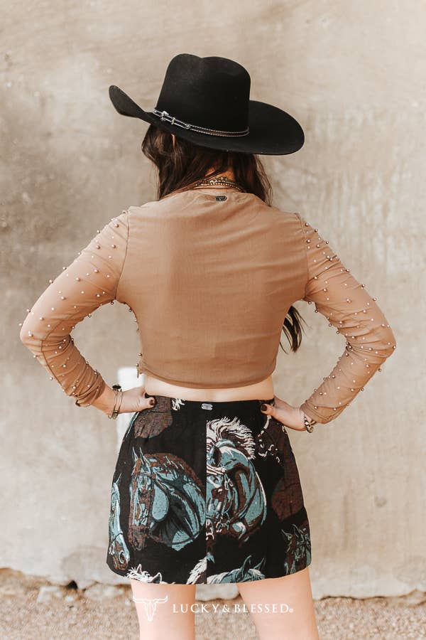 Taupe Pearl Studded Long Sleeve Crop Top