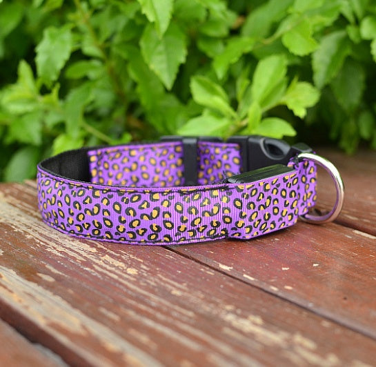 LED Dog Collar Safety Adjustable Nylon Leopard Print Rechargeable