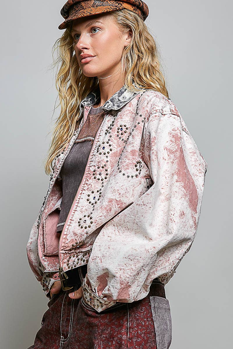 “Pretty in Pink” Studded Vintage Cropped Zip-Front Jacket