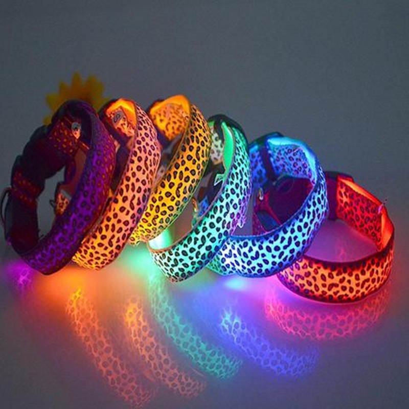 LED Dog Collar Safety Adjustable Nylon Leopard Print Rechargeable