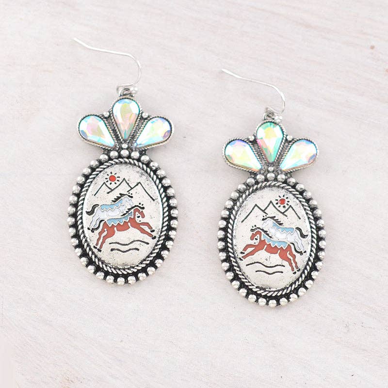 Western Horse Concho Earrings: Silver/AB