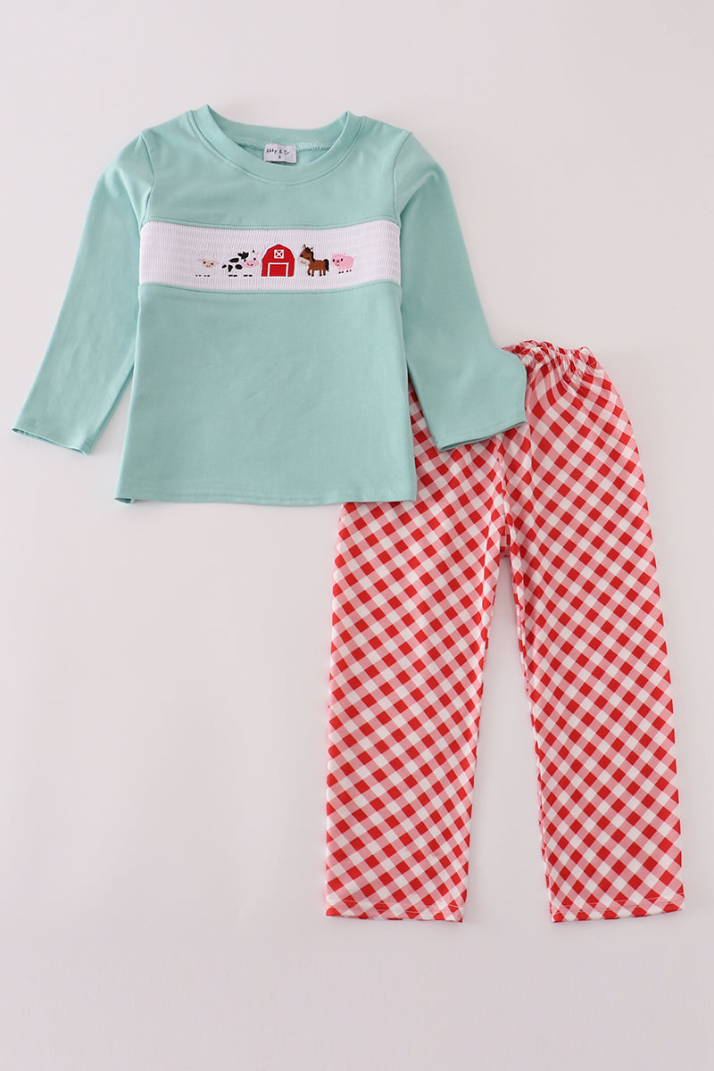 Red Farm Smocked Pants Set For Toddlers With Soft Fabric