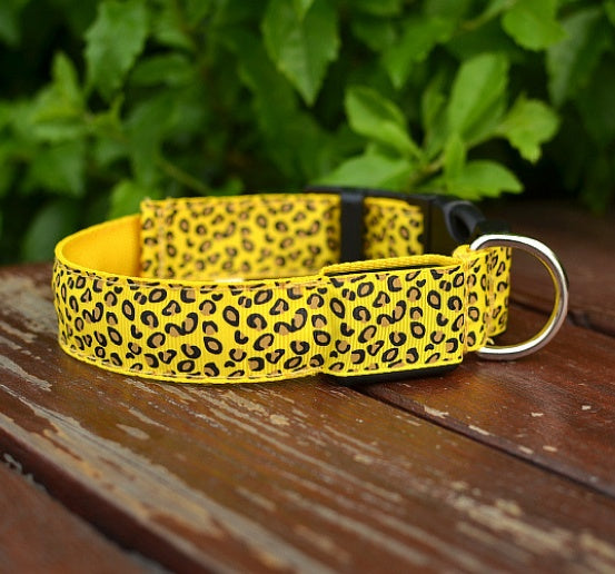 LED Dog Collar Safety Adjustable Nylon Leopard Print Rechargeable