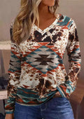 Tribal Roots V-Neck Pullover Long Sleeve Top With Boho Pattern