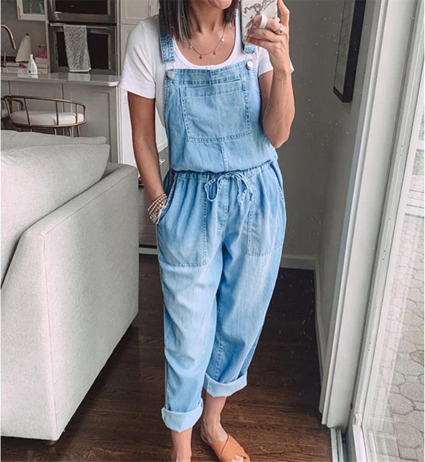 Cowgirl Drawstring Denim Overalls Comfort Fit Mid Waist