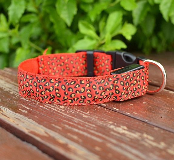 LED Dog Collar Safety Adjustable Nylon Leopard Print Rechargeable