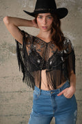 Black Sequin Beaded Fringe Mesh Cape