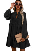 Black Tie Split Neck Smocked Detail Puff Sleeve Ruffle Hem Loose Dress