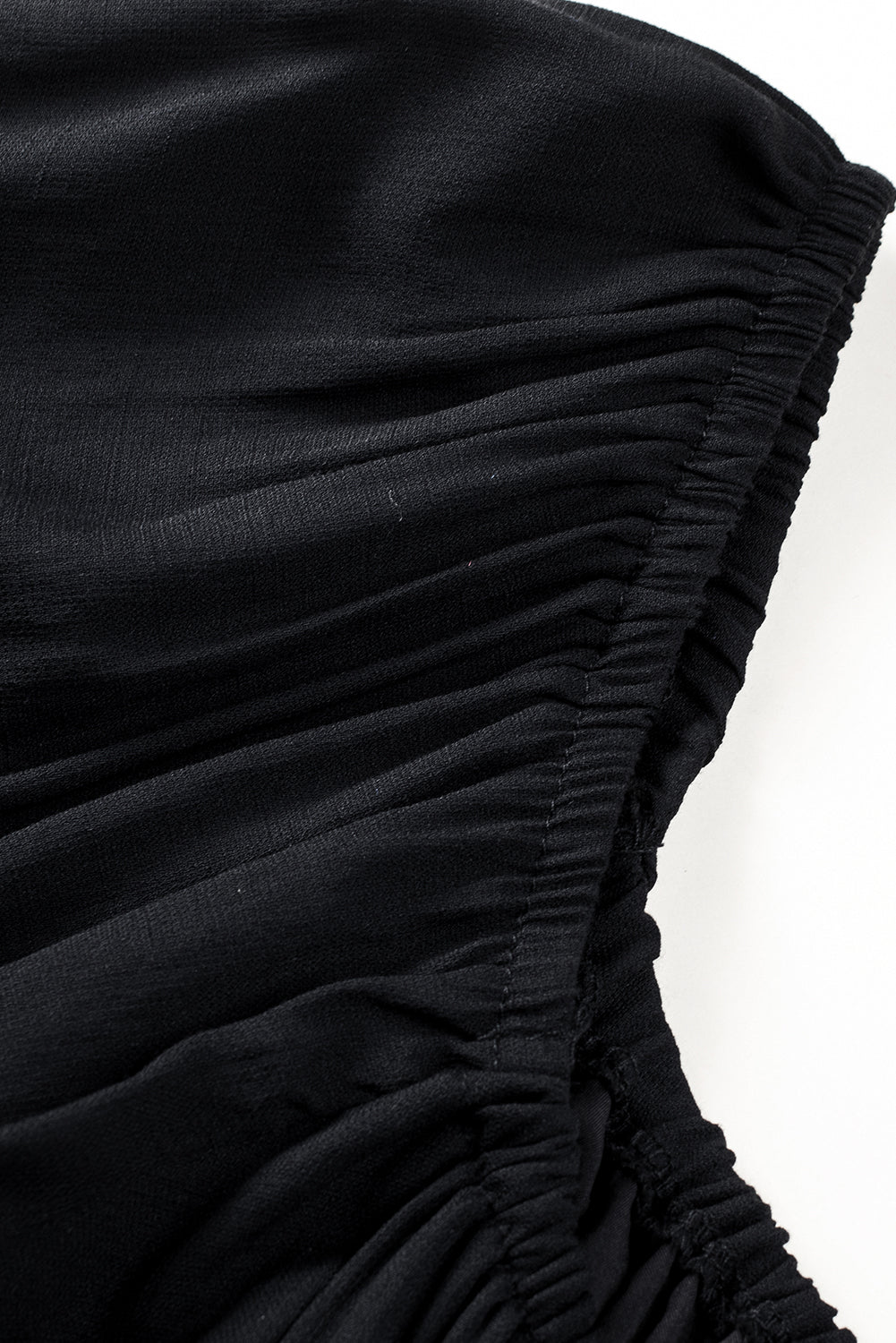 Black Solid Color Long Sleeve Shirred Drawstring Ruffle Mini Dress