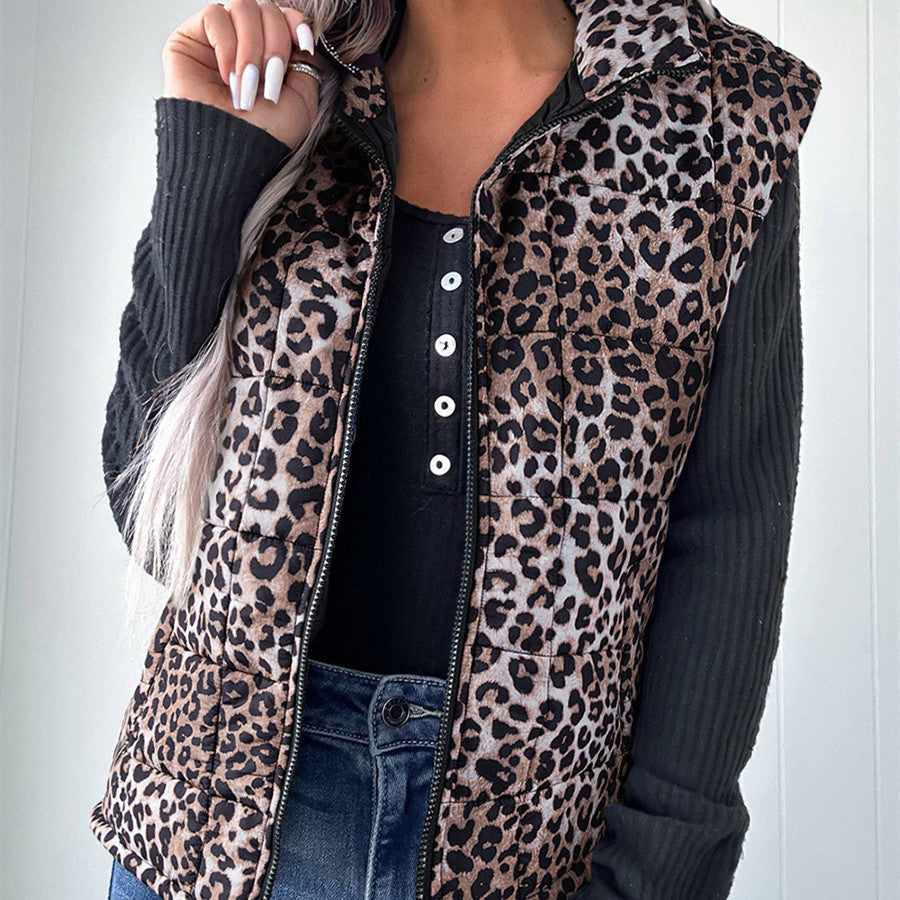 Women's Warm Cotton Vest With Leopard Print