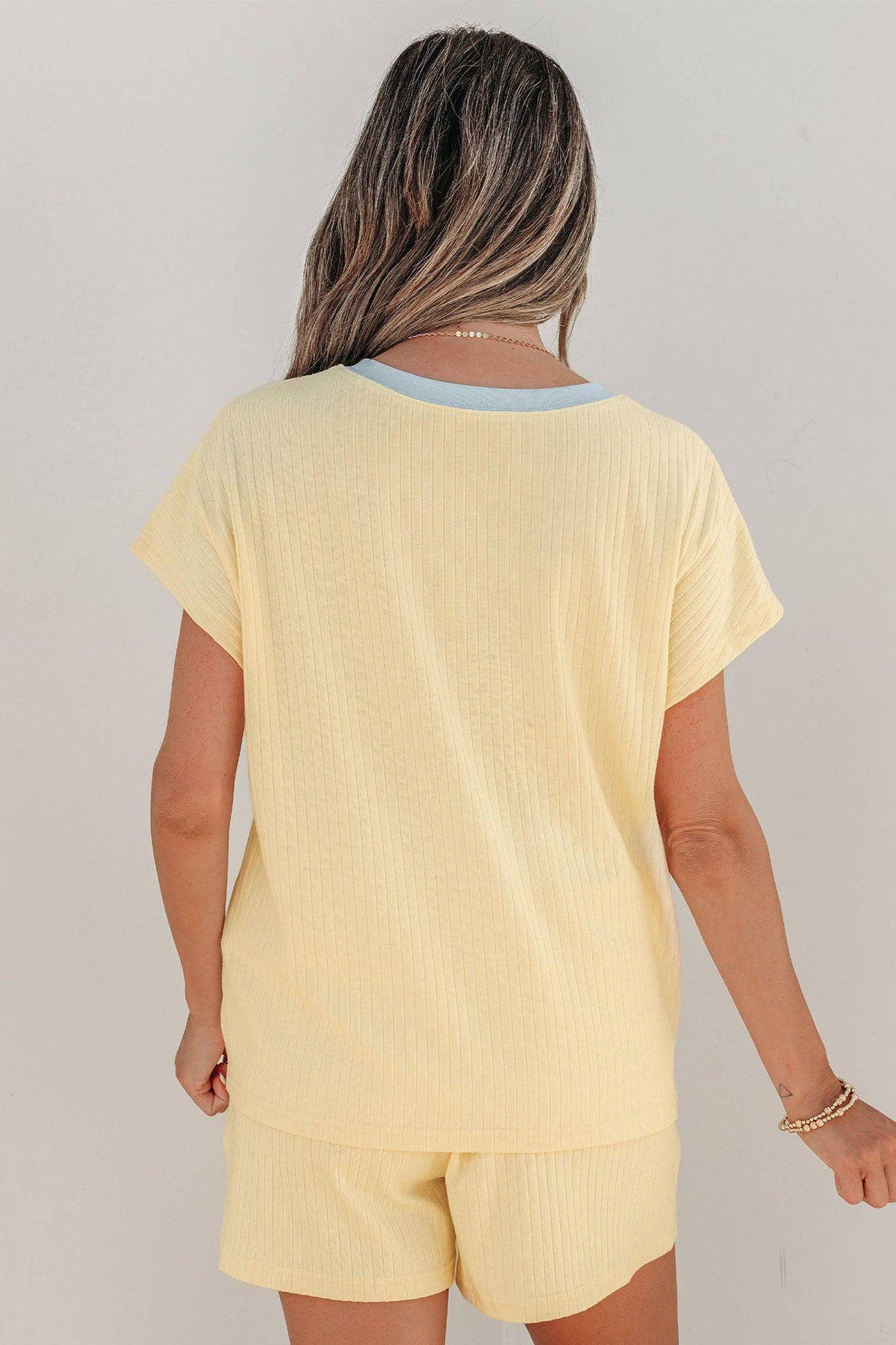 Yellow Cream Ribbed Knit Two Piece Set Sequin Horse Casual Short Set