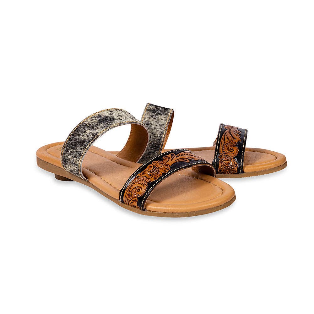 Tambra Mesa Hair-On Hide & Hand-Tooled Leather Sandals