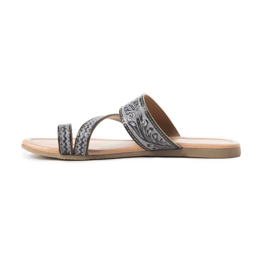 Rangeland Embossed Floral Toe-Loop Leather Sandals – Black