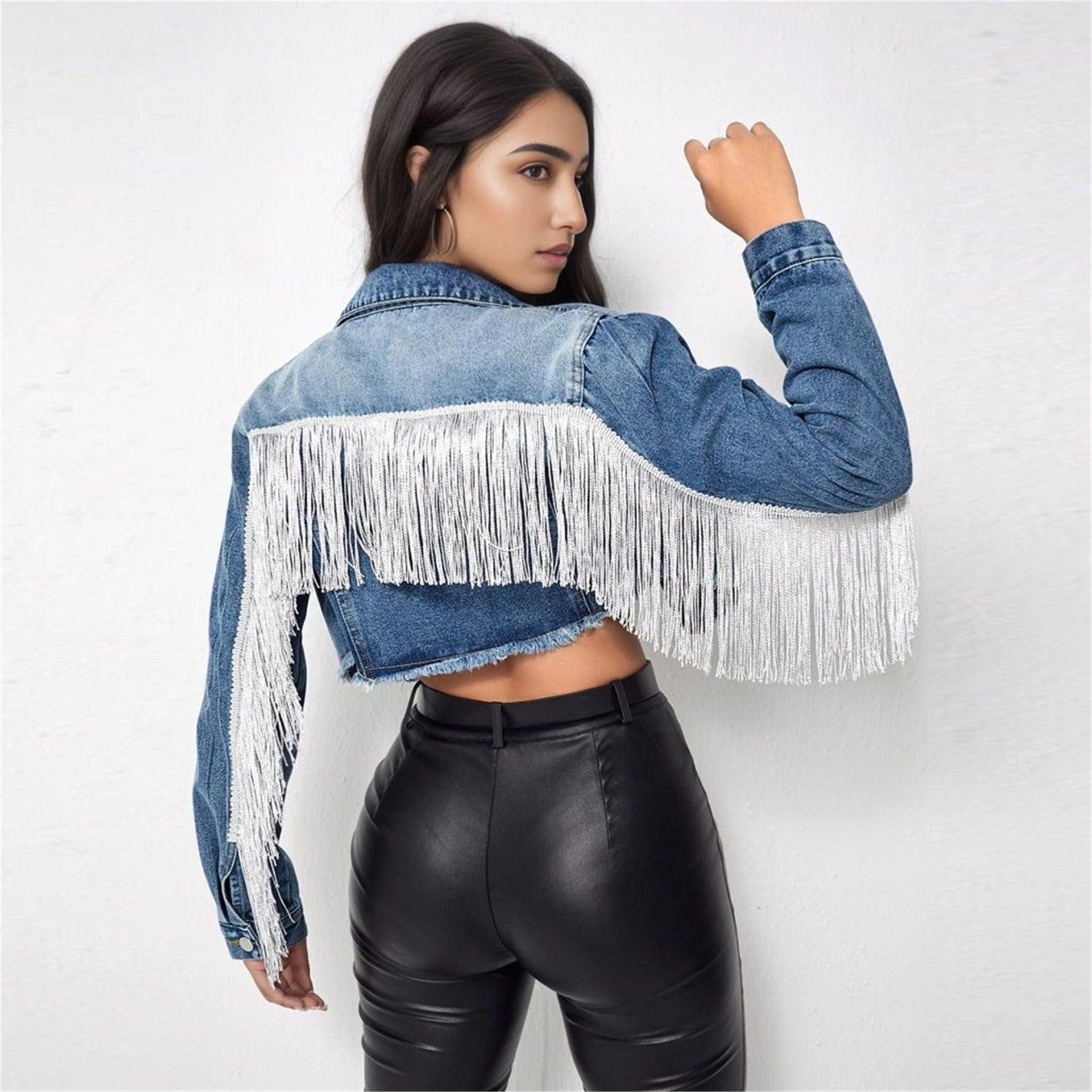 Fringe Rider Short Denim Jacket Fringed Sleeves Casual Outerwear