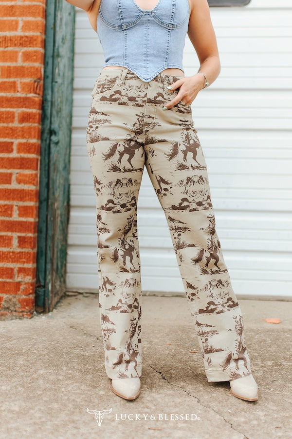 BEIGE DESERT PRINTED HIGH RISE TROUSER JEANS (32IN INSEAM)