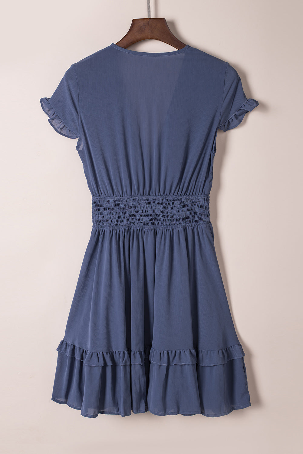 Blue Deep V Neck Self-tie Knotted Front Layered Flare Mini Dress