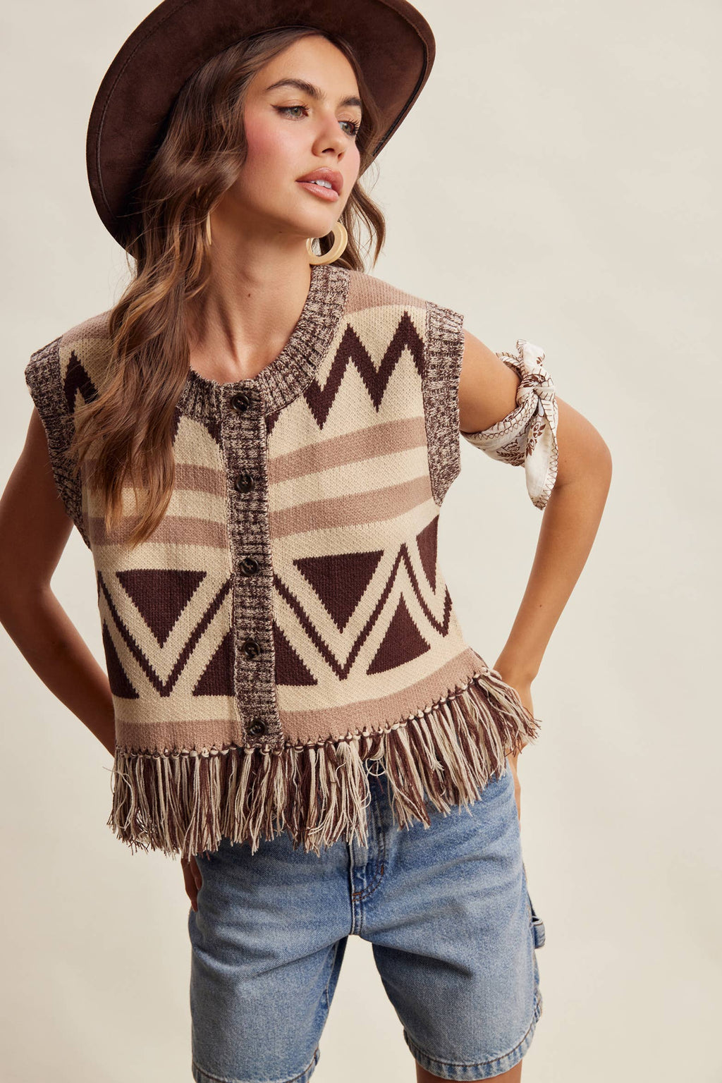 Western Fringe Knit Sweater Vest