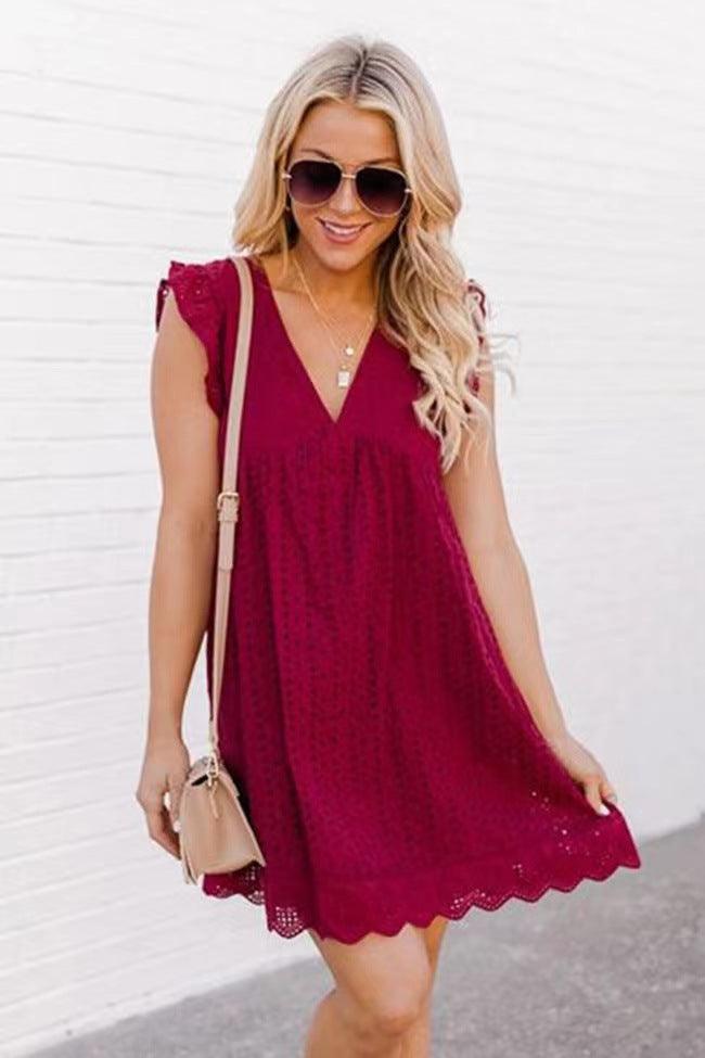 Women's Country Lace Jacquard Hollow V Neck Dress With Pockets Model 01