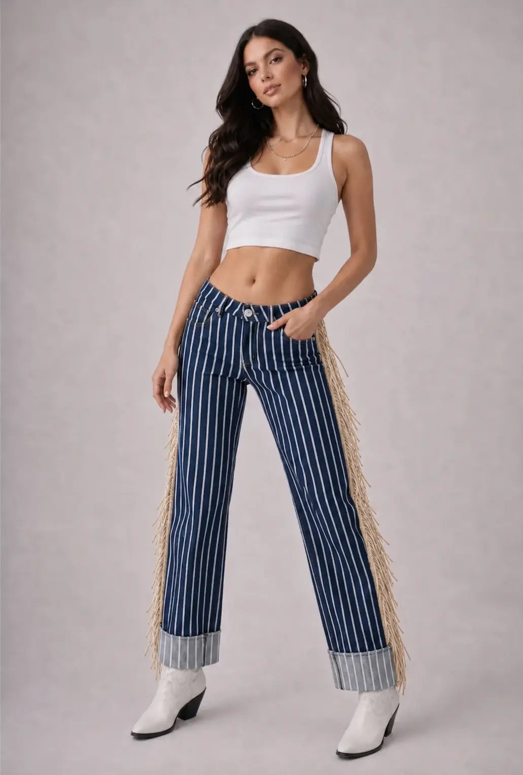 Desert Drifter Striped Wide Leg Cuffed Fringe Denim Jeans