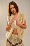 Embroidered Suede Vest With Fur Trim