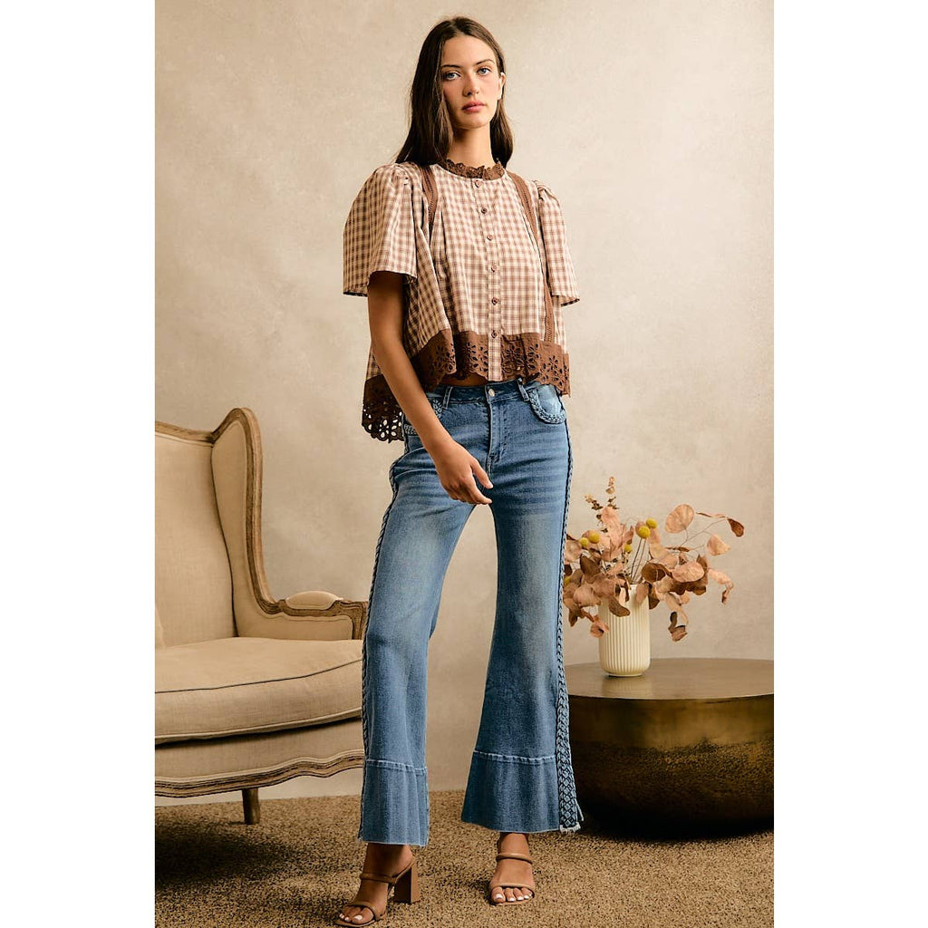 CHECK LACE TRIM FLUTTER SLEEVES BLOUSE TOP
