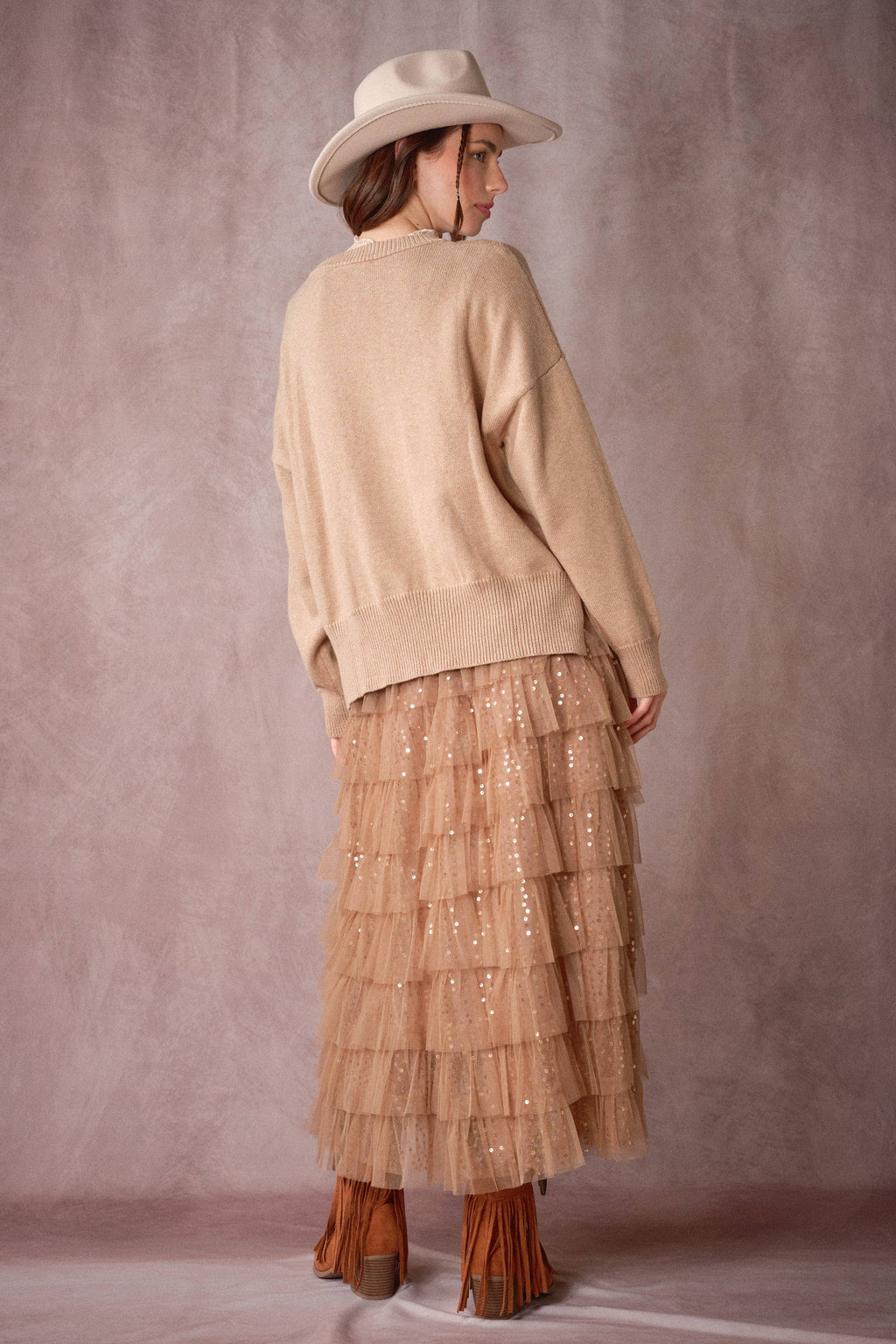 Sequin Tiered Mesh Maxi Skirt