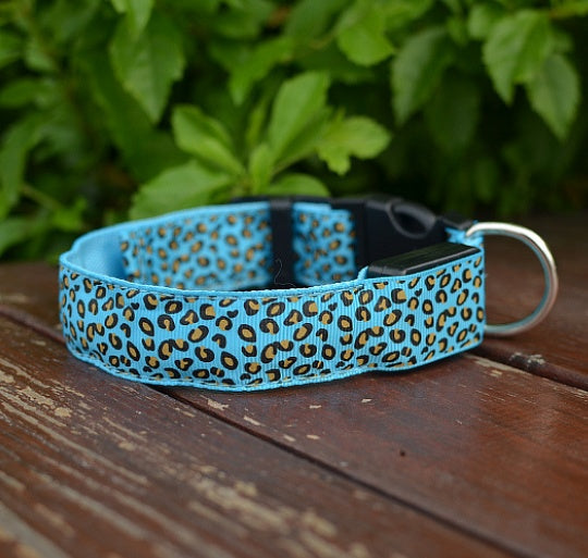 LED Dog Collar Safety Adjustable Nylon Leopard Print Rechargeable