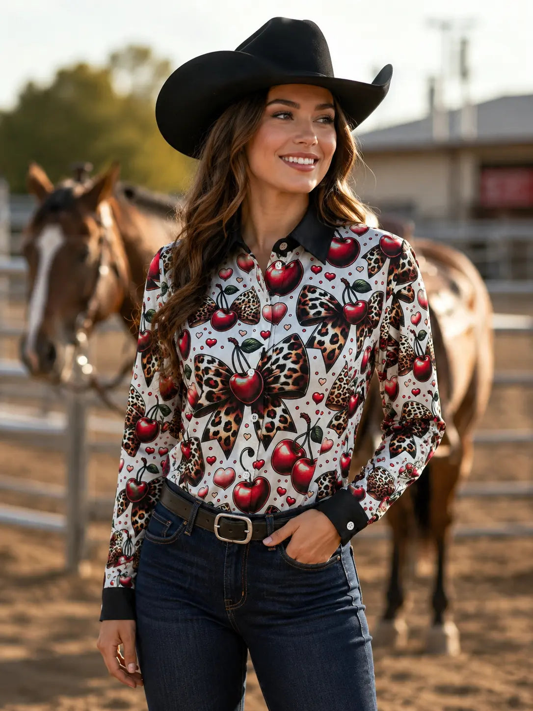 Cherry Bomb Stain Resistant Button Up Rodeo Shirt Blouse